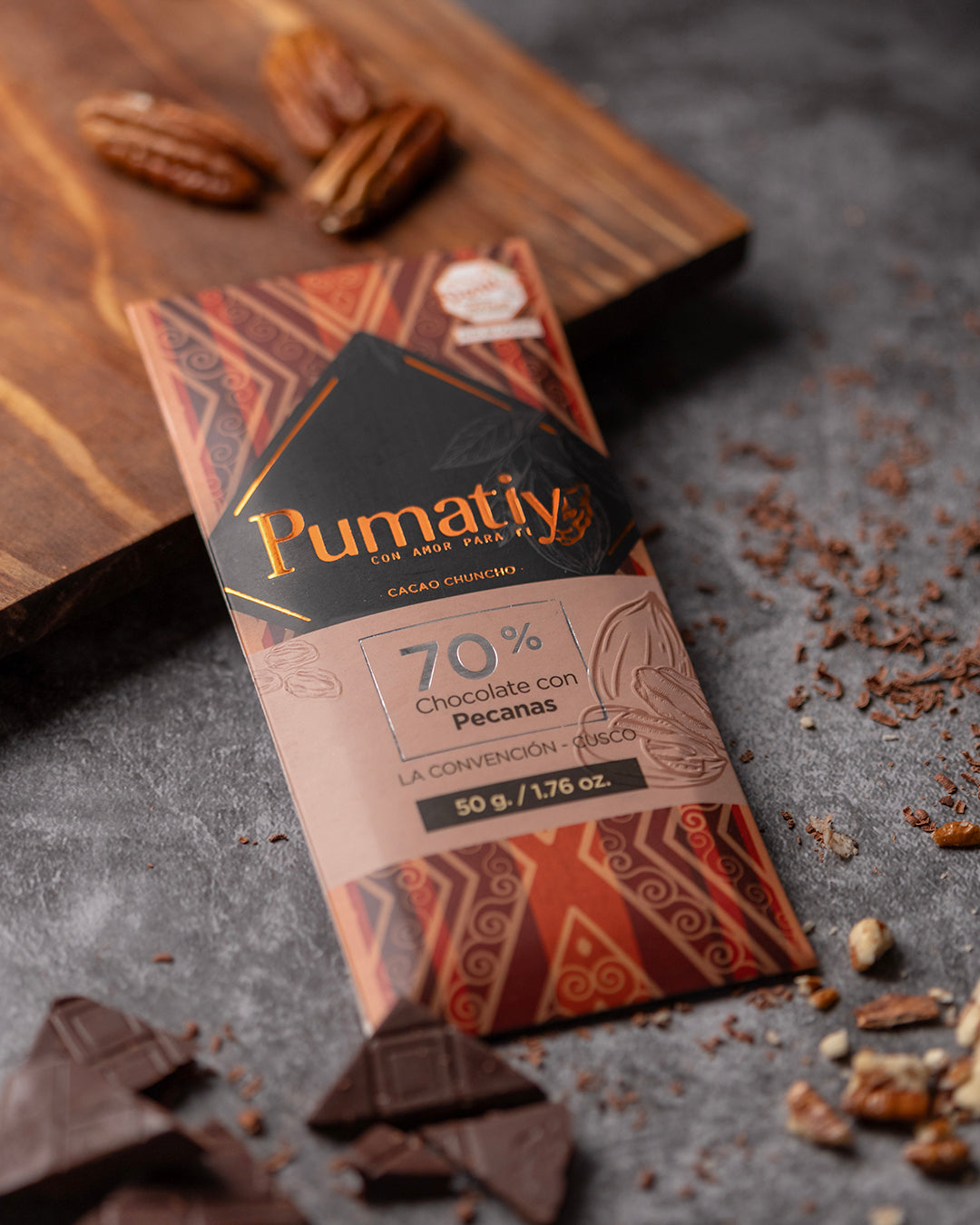 Chocolade 70% Chuncho Cacao + Pecannoten | 50g